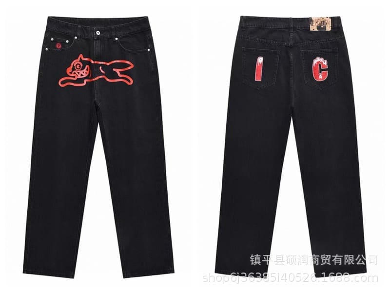 ICECREAM Flying Dog Print Wide Leg Denim Trousers for Men and Women
