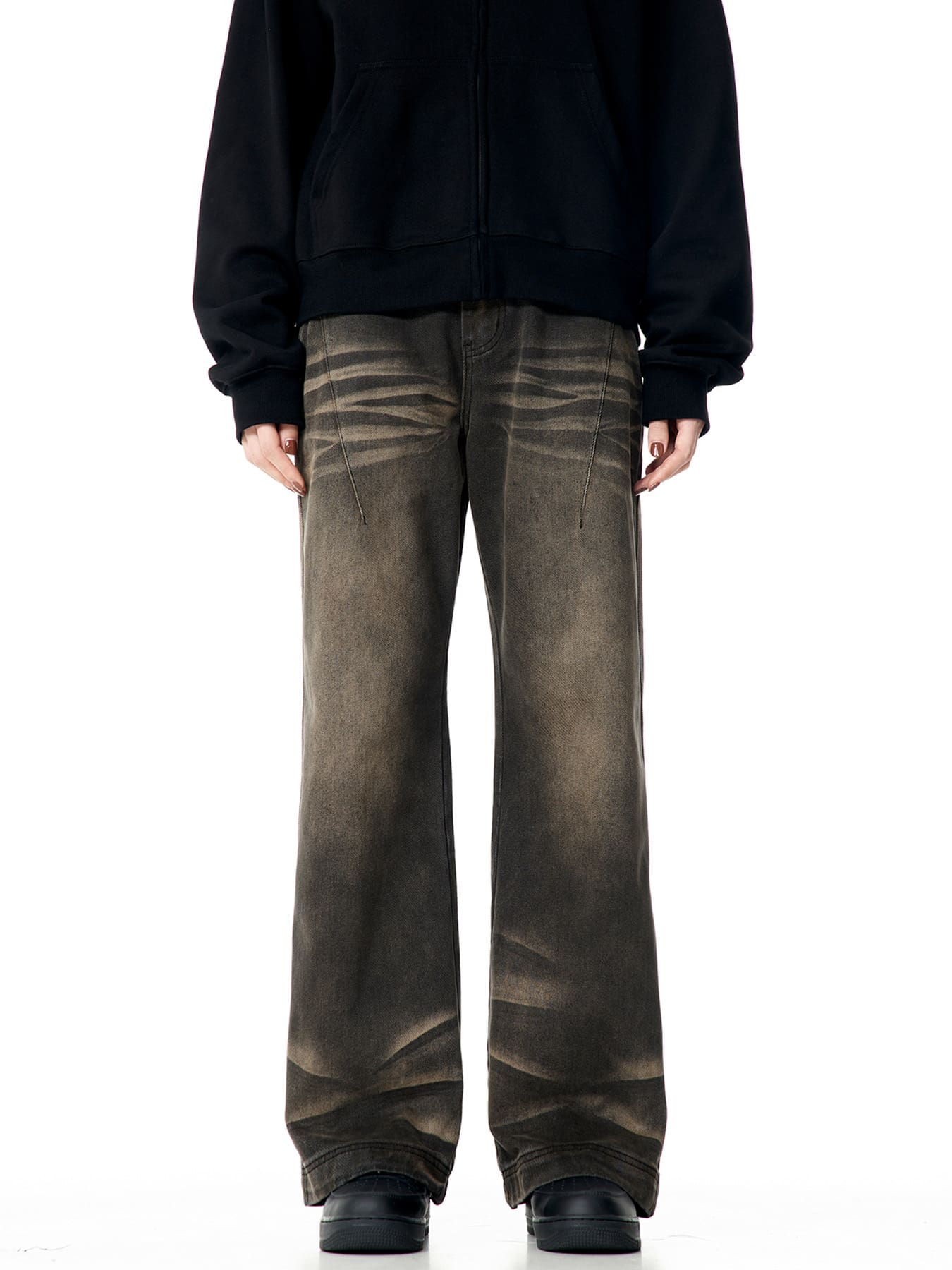 Vujade style washed distressed Vintage jeans wide leg men’s and women’s same American style loose vibe trousers