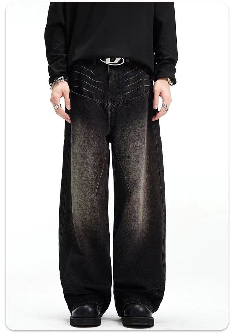 Vujade style washed distressed Vintage jeans wide leg men’s and women’s same American style loose vibe trousers