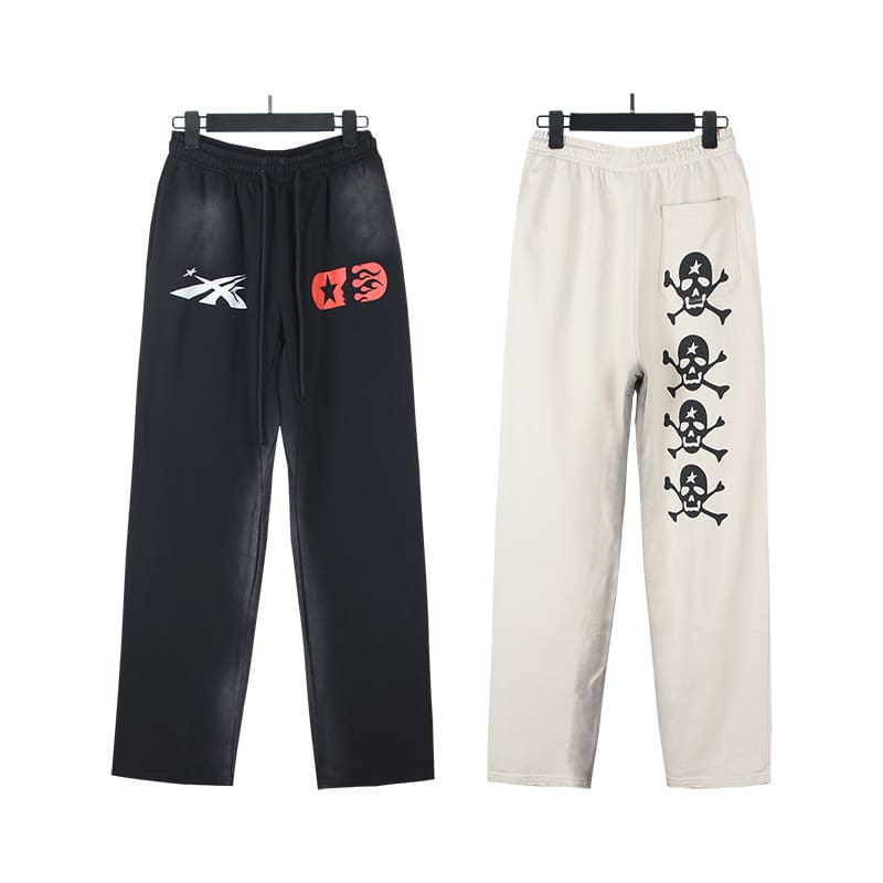 H*lst*r ins european and american high street fashion brand hell skull print loose sports and leisure washed and worn pure cotton straight trousers