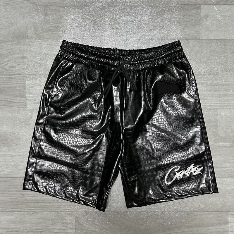 Corteiz Snakeskin PU Letter Embroidered Casual Shorts for Men and Women