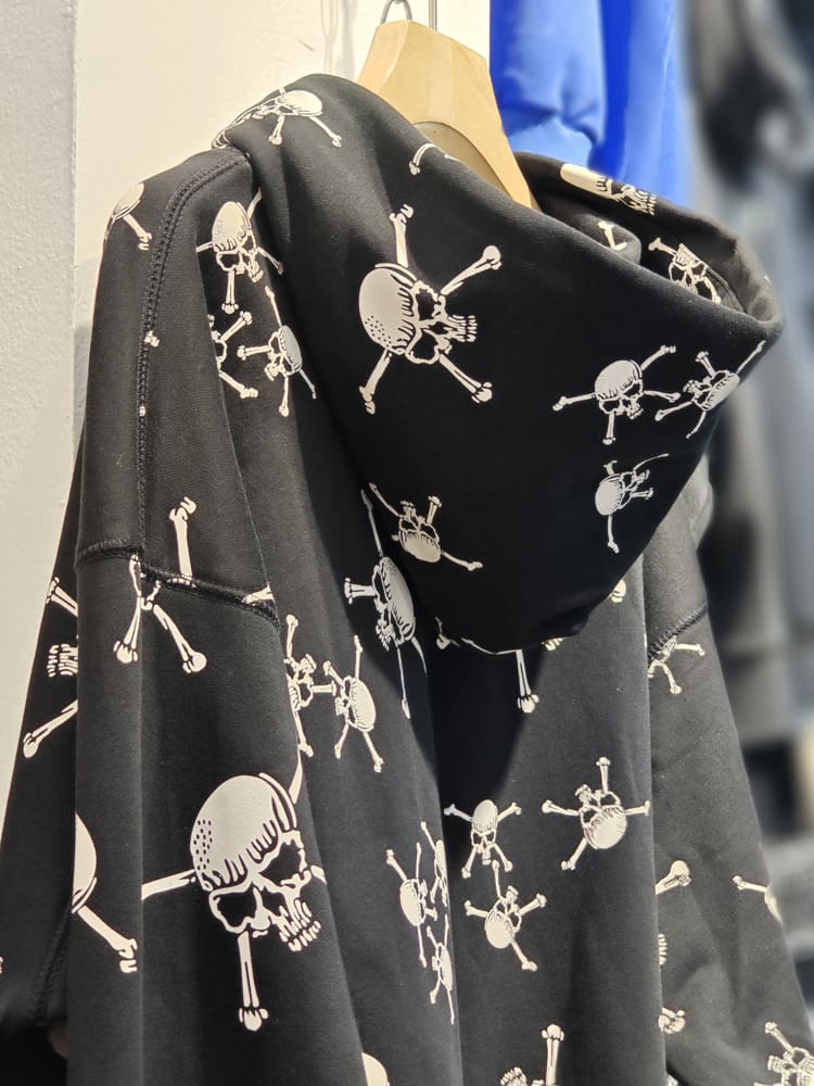 Saint Michael Skull Print Retro Fleece-Lined Hooded Sweatshirt and Sweatpants Suit