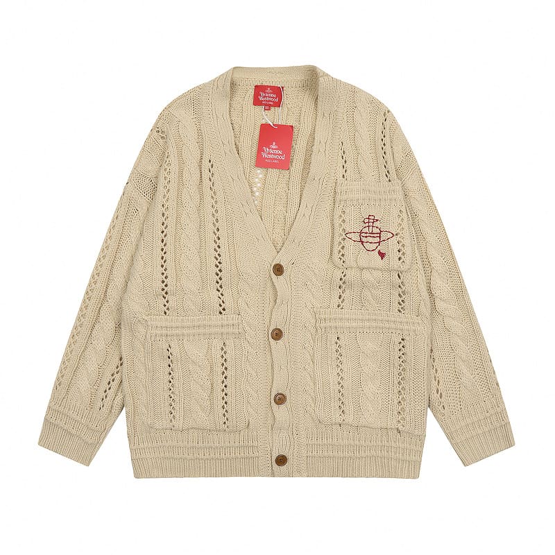 Vivienne Westwood Loose V-Neck Cardigan Hollow Design Knitted Sweater for Men and Women