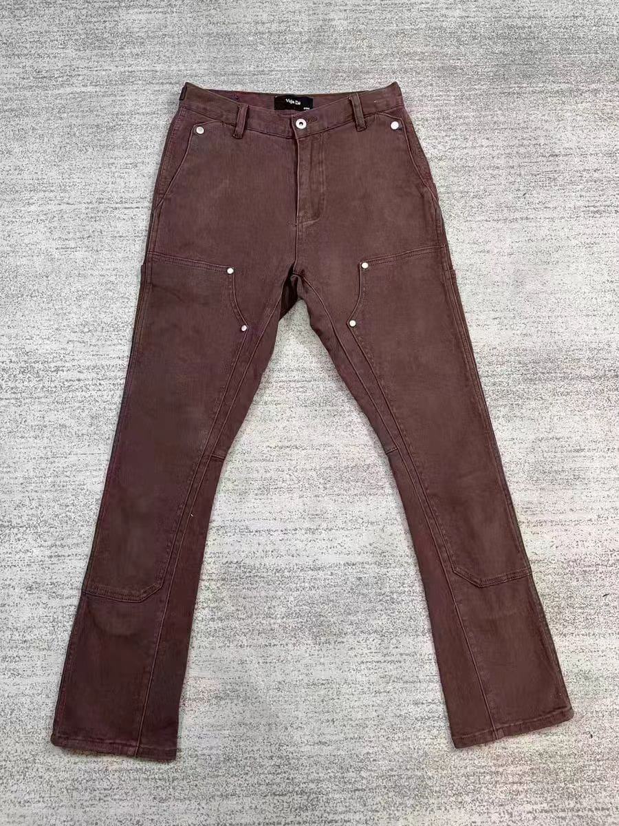 VUJADE logging pants flared jeans washed zipper casual overalls black Brown