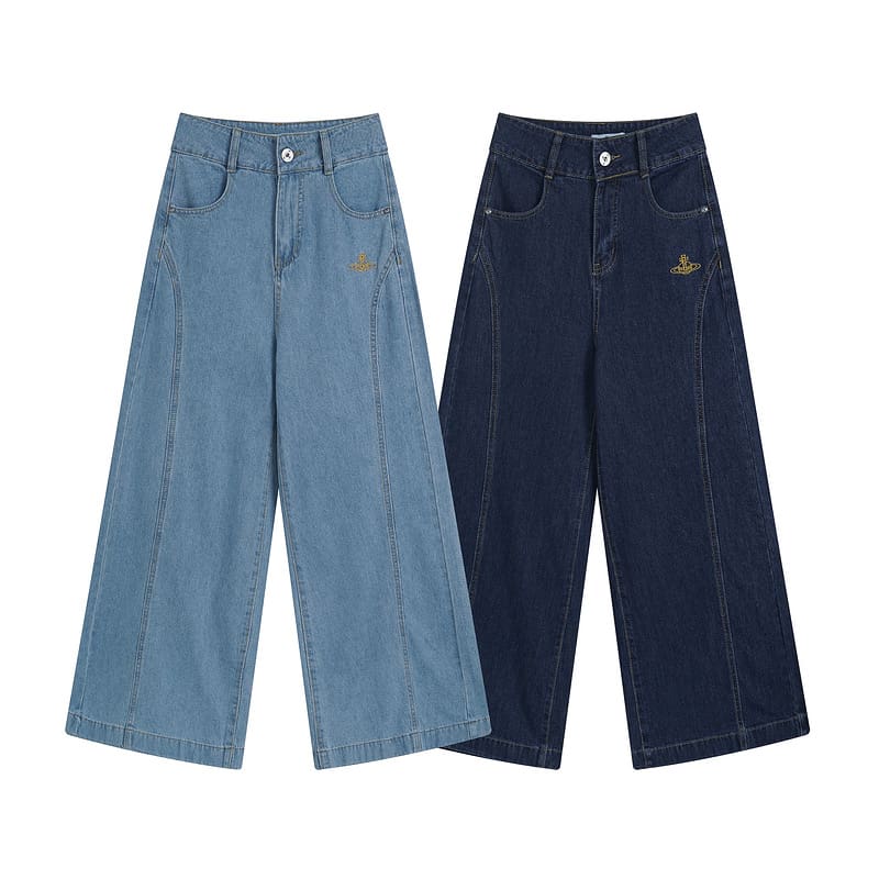Vivienne Westwood Saturn Logo Embroidered High Waist Wide Leg Denim Trousers for Women