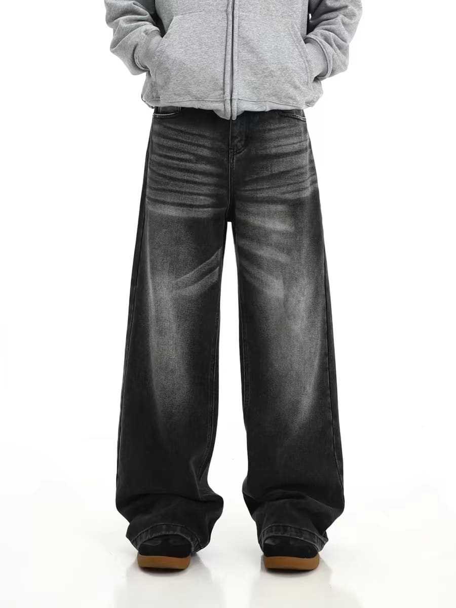 Vujade style washed distressed Vintage jeans wide leg men’s and women’s same American style loose vibe trousers