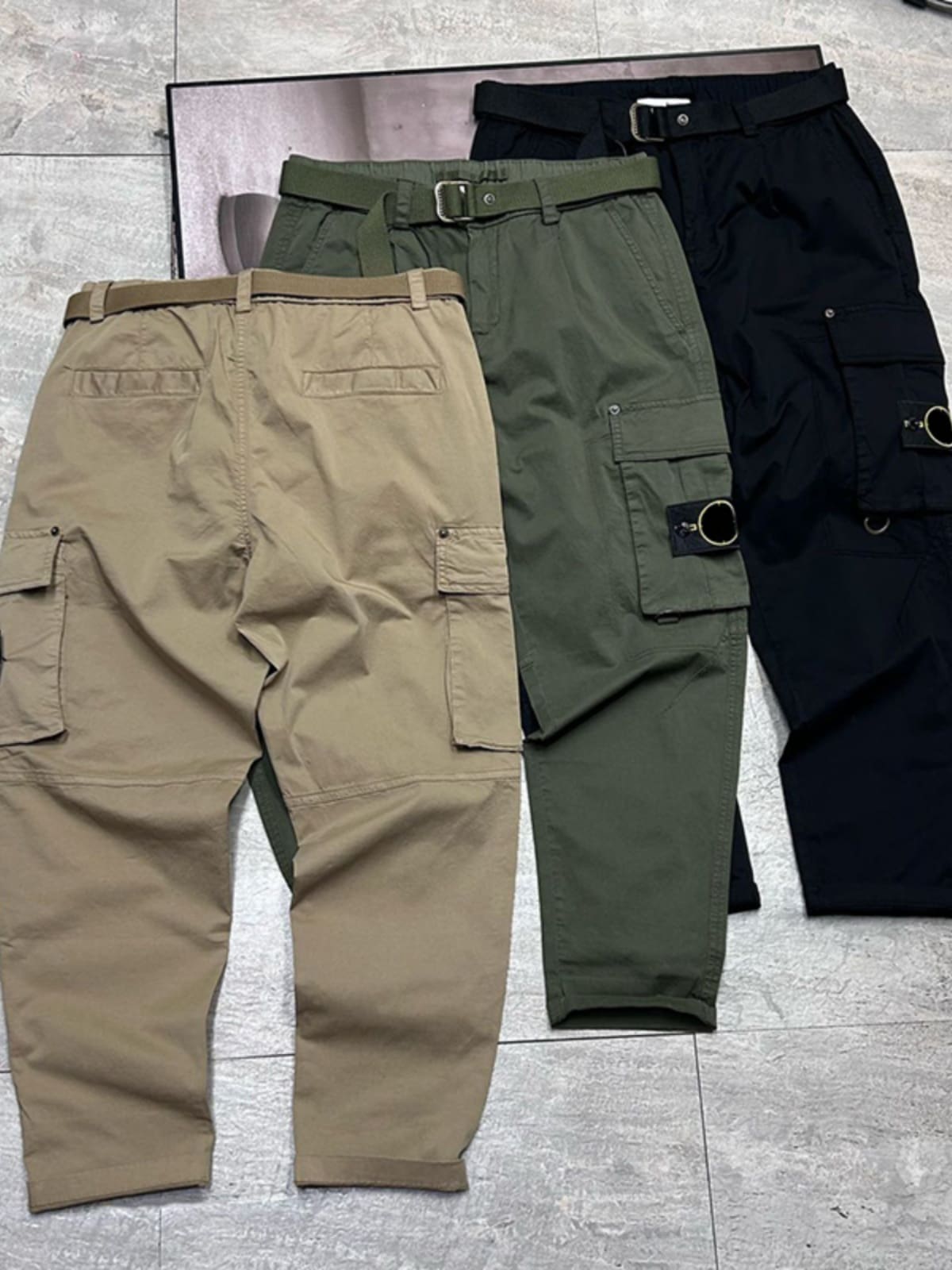 Stone Island Tapered Overalls with Three-Dimensional Pockets Washed Casual Pants