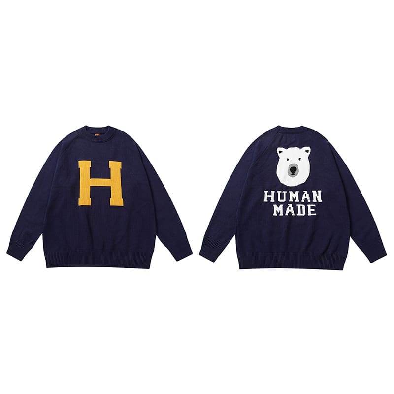 Human Made Cartoon Jacquard Sweater Niche Trendy Round Neck for Couples