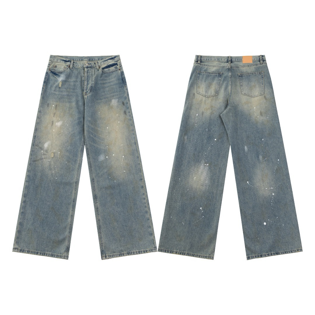 American fashion brand loose all-match Acne High Street INS SS24 splash-ink mud dyed loose distressed men’s jeans