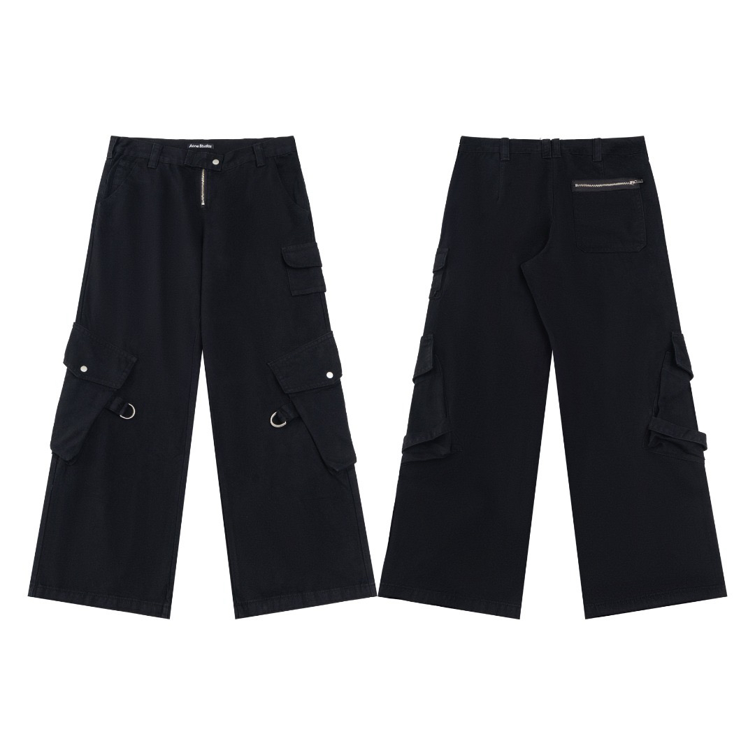 Functional Acne niche Net red multi-pocket cargo pants lace-up straight casual pants men’s and women’s washed pants