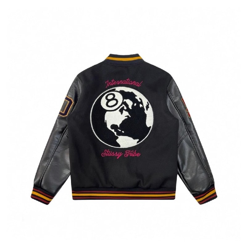 STUSSY STUSSY black eight embroidery leather sleeve padded jacket baseball uniform jacket men and women fall winter couples